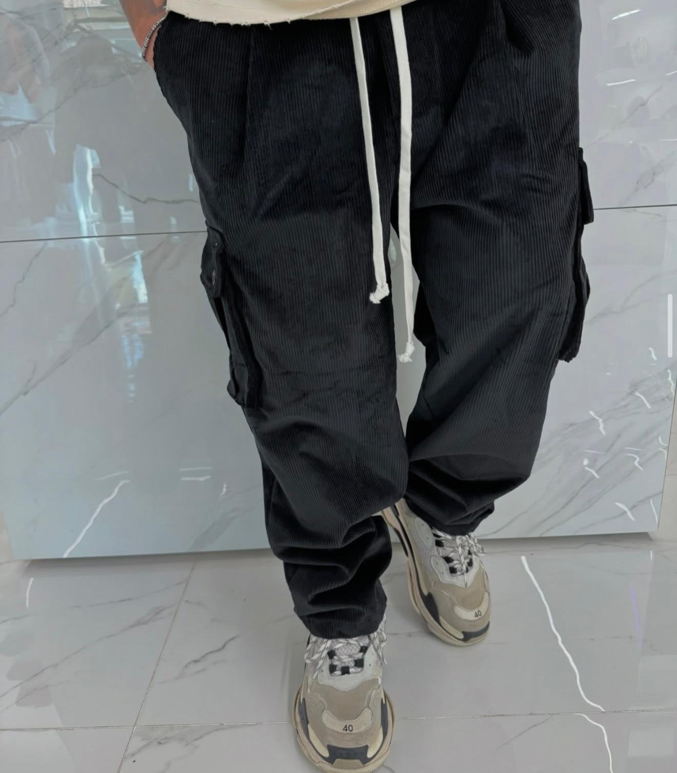 Pantaloni Cargo a Costine Neri